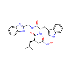 CC(C)C[C@H](CC(=O)NO)C(=O)N[C@@H](Cc1c[nH]c2ccccc12)C(=O)NCc1nc2ccccc2[nH]1 ZINC000013776918