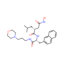 CC(C)C[C@H](CC(=O)NO)C(=O)N[C@H](Cc1ccc2ccccc2c1)C(=O)NCCCN1CCOCC1 ZINC000026281761