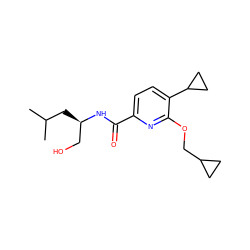 CC(C)C[C@H](CO)NC(=O)c1ccc(C2CC2)c(OCC2CC2)n1 ZINC000150162654