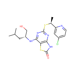 CC(C)C[C@H](CO)Nc1nc(S[C@@H](C)c2cc(Cl)ccn2)nc2[nH]c(=O)sc12 ZINC000095605497