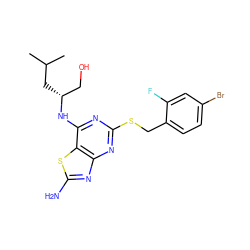 CC(C)C[C@H](CO)Nc1nc(SCc2ccc(Br)cc2F)nc2nc(N)sc12 ZINC000038473196