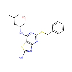 CC(C)C[C@H](CO)Nc1nc(SCc2ccccc2)nc2nc(N)sc12 ZINC000095605852