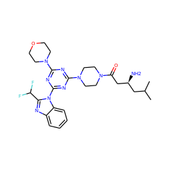 CC(C)C[C@H](N)CC(=O)N1CCN(c2nc(N3CCOCC3)nc(-n3c(C(F)F)nc4ccccc43)n2)CC1 ZINC001772573310