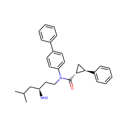 CC(C)C[C@H](N)CCN(C(=O)[C@@H]1C[C@H]1c1ccccc1)c1ccc(-c2ccccc2)cc1 ZINC000299864336