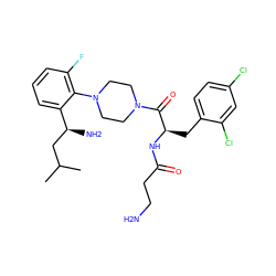 CC(C)C[C@H](N)c1cccc(F)c1N1CCN(C(=O)[C@@H](Cc2ccc(Cl)cc2Cl)NC(=O)CCN)CC1 ZINC000028825753