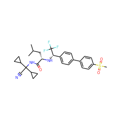 CC(C)C[C@H](N[C@@H](c1ccc(-c2ccc(S(C)(=O)=O)cc2)cc1)C(F)(F)F)C(=O)NC(C#N)(C1CC1)C1CC1 ZINC000029040665