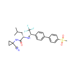 CC(C)C[C@H](N[C@@H](c1ccc(-c2ccc(S(C)(=O)=O)cc2)cc1)C(F)(F)F)C(=O)NC1(C#N)CC1 ZINC000014971096