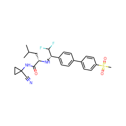 CC(C)C[C@H](N[C@@H](c1ccc(-c2ccc(S(C)(=O)=O)cc2)cc1)C(F)F)C(=O)NC1(C#N)CC1 ZINC000066077578