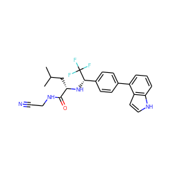 CC(C)C[C@H](N[C@@H](c1ccc(-c2cccc3[nH]ccc23)cc1)C(F)(F)F)C(=O)NCC#N ZINC000034804736