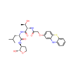 CC(C)C[C@H](NC(=O)[C@@H](NC(=O)COc1ccc2c(c1)Nc1ccccc1S2)[C@@H](C)O)C(=O)N[C@H]1CCO[C@@H]1O ZINC000028569492