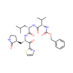 CC(C)C[C@H](NC(=O)[C@@H](NC(=O)OCc1ccccc1)C(C)C)C(=O)N[C@@H](C[C@@H]1CCNC1=O)C(=O)c1nccs1 ZINC000096900239