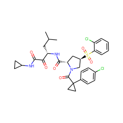 CC(C)C[C@H](NC(=O)[C@@H]1C[C@@H](S(=O)(=O)c2ccccc2Cl)CN1C(=O)C1(c2ccc(Cl)cc2)CC1)C(=O)C(=O)NC1CC1 ZINC000169702109