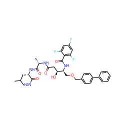CC(C)C[C@H](NC(=O)[C@H](C)NC(=O)C[C@H](O)[C@H](COCc1ccc(-c2ccccc2)cc1)NC(=O)c1c(F)cc(F)cc1F)C(N)=O ZINC000028469369