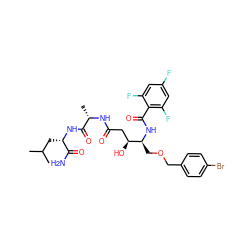 CC(C)C[C@H](NC(=O)[C@H](C)NC(=O)C[C@H](O)[C@H](COCc1ccc(Br)cc1)NC(=O)c1c(F)cc(F)cc1F)C(N)=O ZINC000026995501