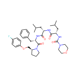 CC(C)C[C@H](NC(=O)[C@H](CC(C)C)NC(=O)N1CCOCC1)C(=O)N[C@@H](Cc1ccccc1)C(=O)N1CCC[C@H]1COc1ccc(F)cc1 ZINC000299861689