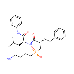 CC(C)C[C@H](NC(=O)[C@H](CCc1ccccc1)C[P@](=O)(O)CCCCN)C(=O)Nc1ccccc1 ZINC000026990161