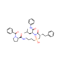 CC(C)C[C@H](NC(=O)[C@H](CCc1ccccc1)C[P@](=O)(O)CCCCNC(=O)[C@H]1CCCN1C(=O)c1ccccc1)C(=O)Nc1ccccc1 ZINC000026959170