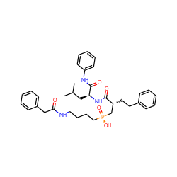 CC(C)C[C@H](NC(=O)[C@H](CCc1ccccc1)C[P@](=O)(O)CCCCNC(=O)Cc1ccccc1)C(=O)Nc1ccccc1 ZINC000026980162