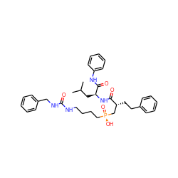 CC(C)C[C@H](NC(=O)[C@H](CCc1ccccc1)C[P@](=O)(O)CCCCNC(=O)NCc1ccccc1)C(=O)Nc1ccccc1 ZINC000026991763