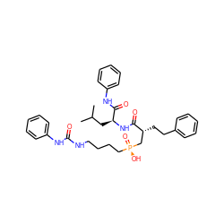 CC(C)C[C@H](NC(=O)[C@H](CCc1ccccc1)C[P@](=O)(O)CCCCNC(=O)Nc1ccccc1)C(=O)Nc1ccccc1 ZINC000026973368