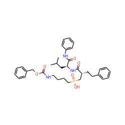 CC(C)C[C@H](NC(=O)[C@H](CCc1ccccc1)C[P@](=O)(O)CCCCNC(=O)OCc1ccccc1)C(=O)Nc1ccccc1 ZINC000026975098