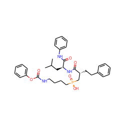 CC(C)C[C@H](NC(=O)[C@H](CCc1ccccc1)C[P@](=O)(O)CCCCNC(=O)Oc1ccccc1)C(=O)Nc1ccccc1 ZINC000026975116