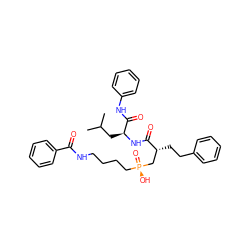 CC(C)C[C@H](NC(=O)[C@H](CCc1ccccc1)C[P@](=O)(O)CCCCNC(=O)c1ccccc1)C(=O)Nc1ccccc1 ZINC000026964992