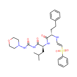 CC(C)C[C@H](NC(=O)[C@H](CCc1ccccc1)N/C=C/S(=O)(=O)c1ccccc1)C(=O)NC(=O)NN1CCOCC1 ZINC000100720943