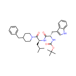 CC(C)C[C@H](NC(=O)[C@H](Cc1c[nH]c2ccccc12)NC(=O)OC(C)(C)C)C(=O)N1CCC(Cc2ccccc2)CC1 ZINC000026827637