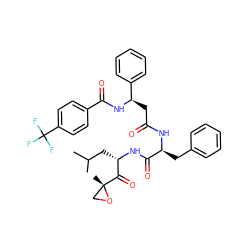 CC(C)C[C@H](NC(=O)[C@H](Cc1ccccc1)NC(=O)C[C@@H](NC(=O)c1ccc(C(F)(F)F)cc1)c1ccccc1)C(=O)[C@@]1(C)CO1 ZINC000169344495