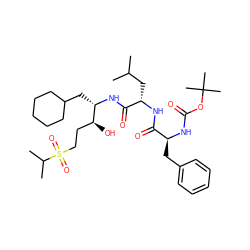 CC(C)C[C@H](NC(=O)[C@H](Cc1ccccc1)NC(=O)OC(C)(C)C)C(=O)N[C@@H](CC1CCCCC1)[C@@H](O)CCS(=O)(=O)C(C)C ZINC000029465383