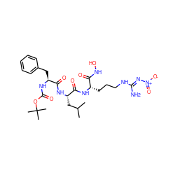 CC(C)C[C@H](NC(=O)[C@H](Cc1ccccc1)NC(=O)OC(C)(C)C)C(=O)N[C@@H](CCCN/C(N)=N/[N+](=O)[O-])C(=O)NO ZINC000049746916