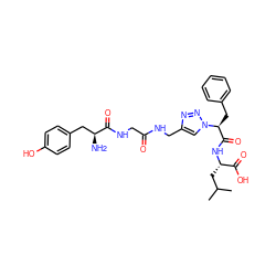 CC(C)C[C@H](NC(=O)[C@H](Cc1ccccc1)n1cc(CNC(=O)CNC(=O)[C@@H](N)Cc2ccc(O)cc2)nn1)C(=O)O ZINC000096934384