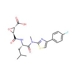 CC(C)C[C@H](NC(=O)[C@H]1O[C@@H]1C(=O)O)C(=O)N(C)c1nc(-c2ccc(F)cc2)cs1 ZINC001772616556