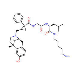 CC(C)C[C@H](NC(=O)CNC(=O)[C@]1(c2ccccc2)C[C@H]1CN1CC[C@@]2(C)c3cc(O)ccc3C[C@H]1[C@H]2C)C(=O)NCCCCCN ZINC000100858560