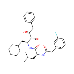 CC(C)C[C@H](NC(=O)Cc1cccc(F)c1)C(=O)N[C@@H](CC1CCCCC1)[C@@H](O)C(=O)Cc1ccccc1 ZINC000028224864