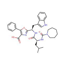 CC(C)C[C@H](NC(=O)N1CCCCCC1)C(=O)N[C@H](Cc1c[nH]c2ccccc12)c1nc(C(=O)O)c(-c2ccccc2)o1 ZINC000028021382