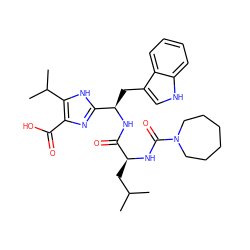 CC(C)C[C@H](NC(=O)N1CCCCCC1)C(=O)N[C@H](Cc1c[nH]c2ccccc12)c1nc(C(=O)O)c(C(C)C)[nH]1 ZINC000028091992