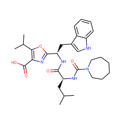 CC(C)C[C@H](NC(=O)N1CCCCCC1)C(=O)N[C@H](Cc1c[nH]c2ccccc12)c1nc(C(=O)O)c(C(C)C)o1 ZINC000028016865