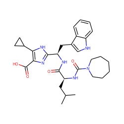 CC(C)C[C@H](NC(=O)N1CCCCCC1)C(=O)N[C@H](Cc1c[nH]c2ccccc12)c1nc(C(=O)O)c(C2CC2)[nH]1 ZINC000028016120