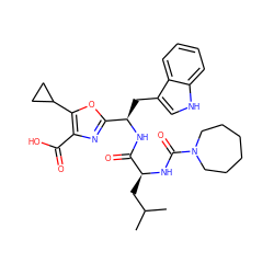 CC(C)C[C@H](NC(=O)N1CCCCCC1)C(=O)N[C@H](Cc1c[nH]c2ccccc12)c1nc(C(=O)O)c(C2CC2)o1 ZINC000028015849