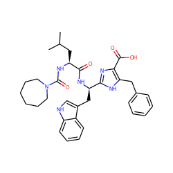 CC(C)C[C@H](NC(=O)N1CCCCCC1)C(=O)N[C@H](Cc1c[nH]c2ccccc12)c1nc(C(=O)O)c(Cc2ccccc2)[nH]1 ZINC000028086283