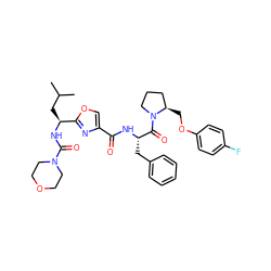 CC(C)C[C@H](NC(=O)N1CCOCC1)c1nc(C(=O)N[C@@H](Cc2ccccc2)C(=O)N2CCC[C@H]2COc2ccc(F)cc2)co1 ZINC000299871141