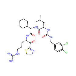 CC(C)C[C@H](NC(=O)NCc1ccc(Cl)c(Cl)c1)C(=O)N[C@H](C(=O)N[C@@H](CCCNC(=N)N)C(=O)c1nccs1)C1CCCCC1 ZINC000037868459