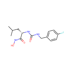 CC(C)C[C@H](NC(=O)NCc1ccc(F)cc1)C(=O)NO ZINC000095558400