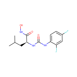 CC(C)C[C@H](NC(=O)Nc1ccc(F)cc1F)C(=O)NO ZINC000653780486