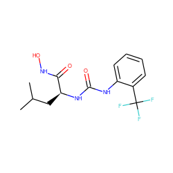 CC(C)C[C@H](NC(=O)Nc1ccccc1C(F)(F)F)C(=O)NO ZINC000095587033