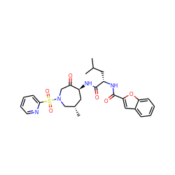 CC(C)C[C@H](NC(=O)c1cc2ccccc2o1)C(=O)N[C@H]1C[C@H](C)CN(S(=O)(=O)c2ccccn2)CC1=O ZINC000014972234