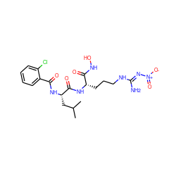 CC(C)C[C@H](NC(=O)c1ccccc1Cl)C(=O)N[C@@H](CCCN/C(N)=N/[N+](=O)[O-])C(=O)NO ZINC000045354785