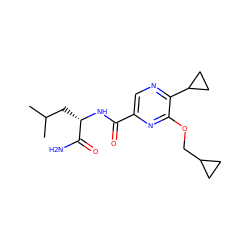 CC(C)C[C@H](NC(=O)c1cnc(C2CC2)c(OCC2CC2)n1)C(N)=O ZINC000207358162